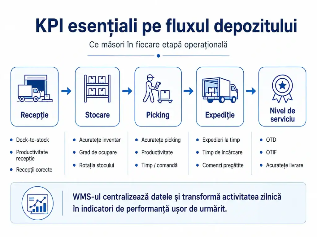 KPI depozit pe fluxul logistic – recepție, stocare, picking, expediție și nivel de serviciu
